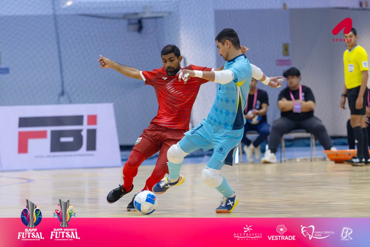 Nonthaburi, Thailand (January 15): The Maldives national men's team defeated Pakistan 7-1 in their opening match of the inaugural South Asian Football Federation (SAFF) Futsal Championship currently held in Nonthaburi, Thailand; the Maldives is the only team in the men's division to secure a win so far, as Bhutan and Sri Lanka drew 3-3 in the first match, while India and Bangladesh played out a 4-4 draw in the second. --- Photo: Abdullah Abeed / Adhadhu Sports