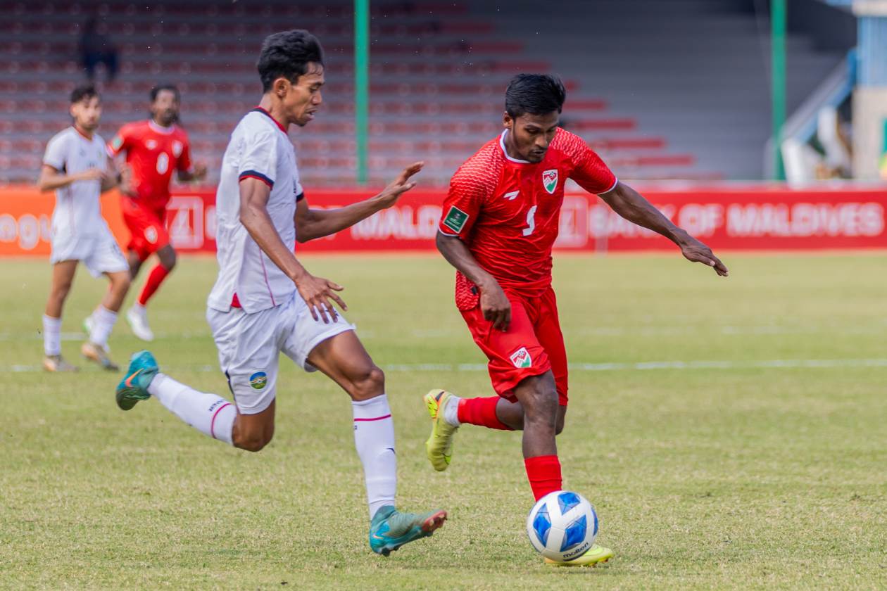 Male, Maldives (April 1) — After losing their first five matches in the Asian Cup qualifiers to be held in Saudi Arabia next year, the Maldives won their final match against Timor-Leste 2-1 with two late goals; notably, yesterday's match was the first time in three years that the Maldives has secured a victory on home soil. (Photo: Raif Yoosuf / Adhadhu Sports)