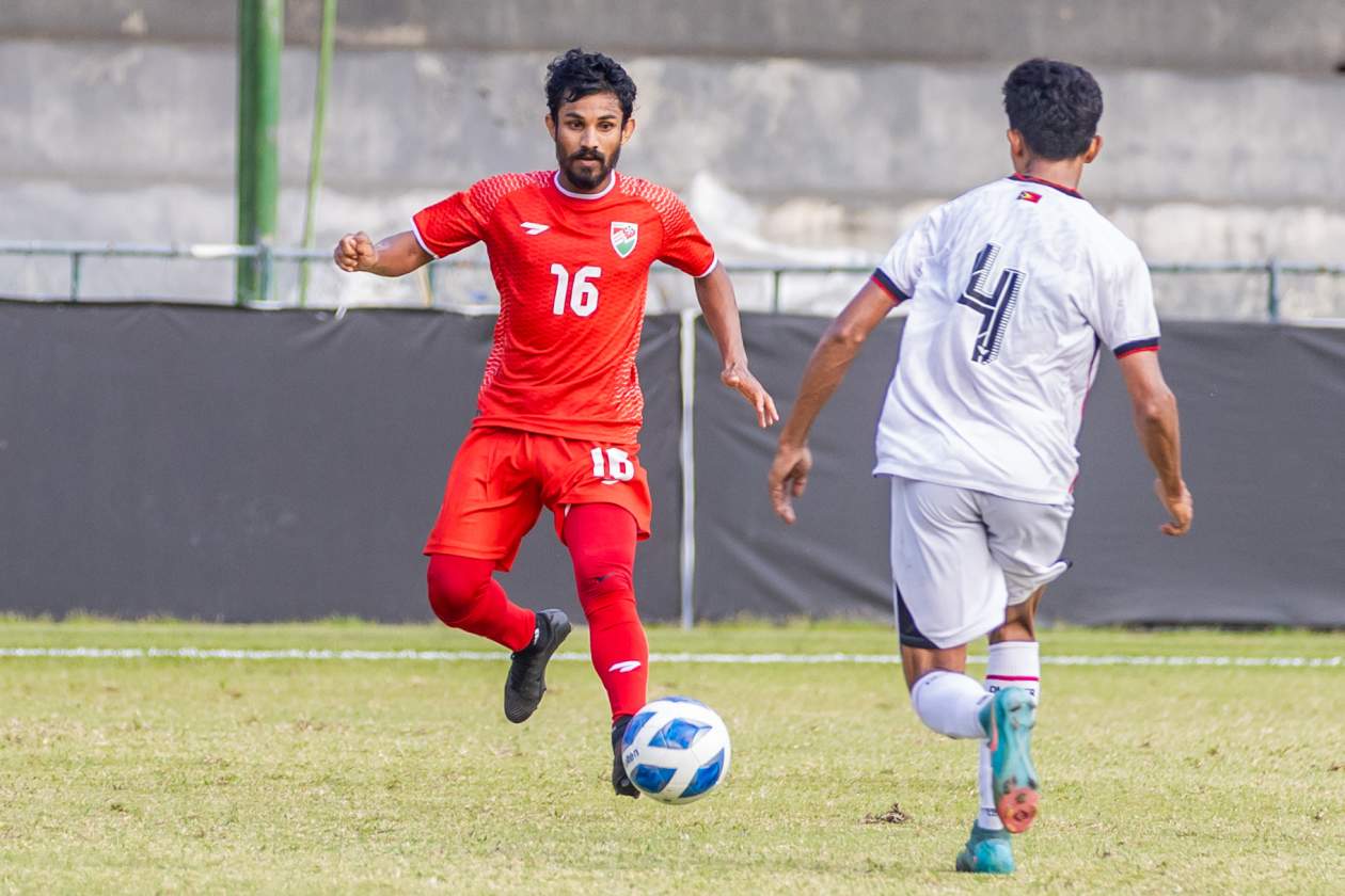 Male, Maldives (April 1) — After losing the first five matches in the qualifiers for next year's Asian Cup in Saudi Arabia, the Maldives won its final match against Timor-Leste 2-1 with two late goals; yesterday's match was the first time in three years that the Maldives has won a game played on home soil. --- Photo: Raif Yoosuf / Adhadhu Sports