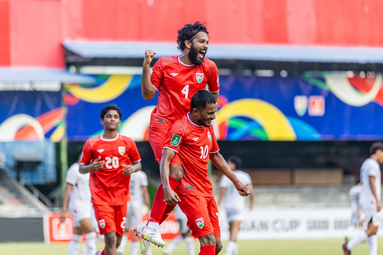 Male, Maldives (April 1) — After losing the first five matches in the qualifiers for next year's Asian Cup in Saudi Arabia, the Maldives won its final match against Timor-Leste 2-1 with two late goals; yesterday's match was the first time in three years that the Maldives has won a game played on home soil. --- Photo: Raif Yoosuf / Adhadhu Sports